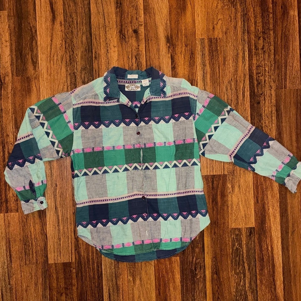 Vintage 1991 Angelique Imports Southwestern Plaid Cotton Button Down Shirt M